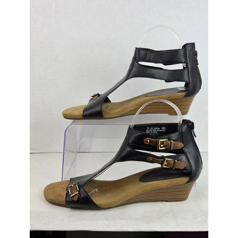 Aerosoles Womens 9 Yet Another Black Leather Wedge Sandals  Strappy Buckle